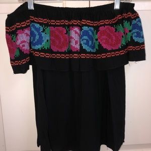Black Off The Shoulder Floral Embroidered Blouse